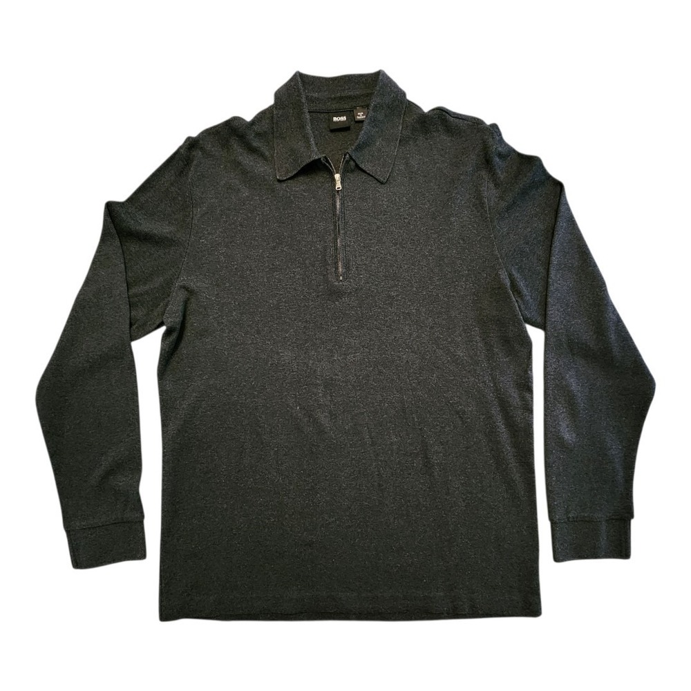 BOSS Hugo Boss Mens XL Gray Long Sleeve 1/4 Zip Polo Shirt Preppy Jersey Cotton